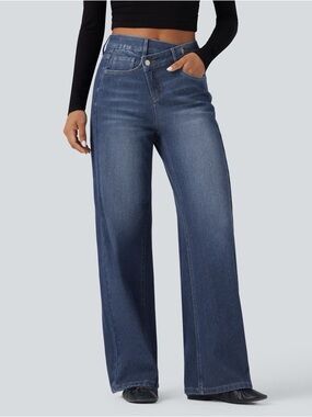NWT Halara Flex™ Asymmetric High Waisted Washed wide Leg Jeans with Pockets